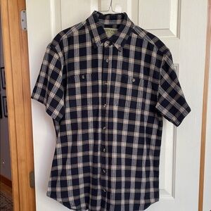 Short-Sleeve Plaid Button-Down Shirt - Black & Cream Rustic Ridge. Sz L